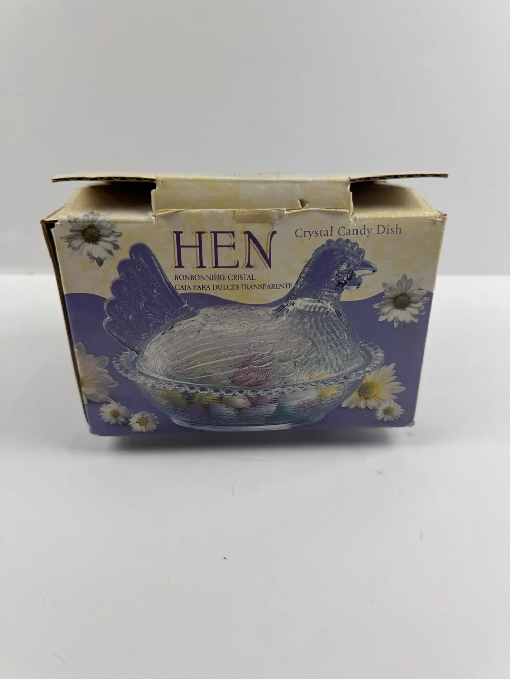 Vintage Indiana glass hen on a nest with original box clear